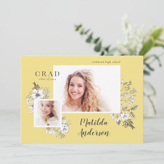 Met de hand geïllustreerde florale multi-foto afst aankondiging (Staand voorkant)