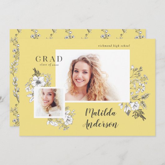 Met de hand geïllustreerde florale multi-foto afst aankondiging (Voorkant / Achterkant)