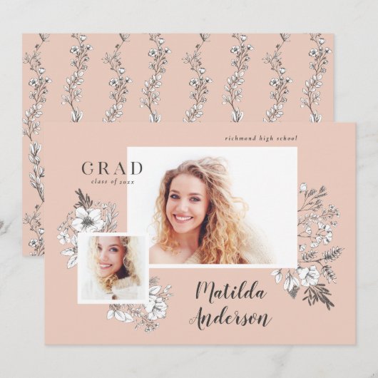 Met de hand geïllustreerde florale multi-foto afst aankondiging (Voorkant / Achterkant)