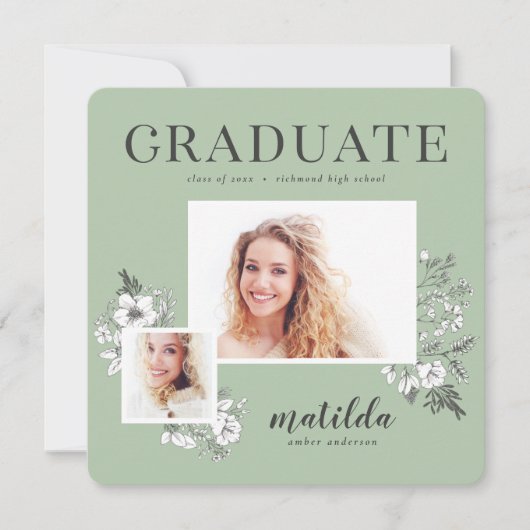Met de hand geïllustreerde florale multi-foto afst aankondiging (Voorkant)