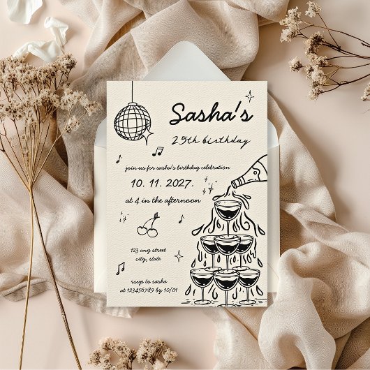 Met de hand geïllustreerde Retro Champagne Tower V Kaart