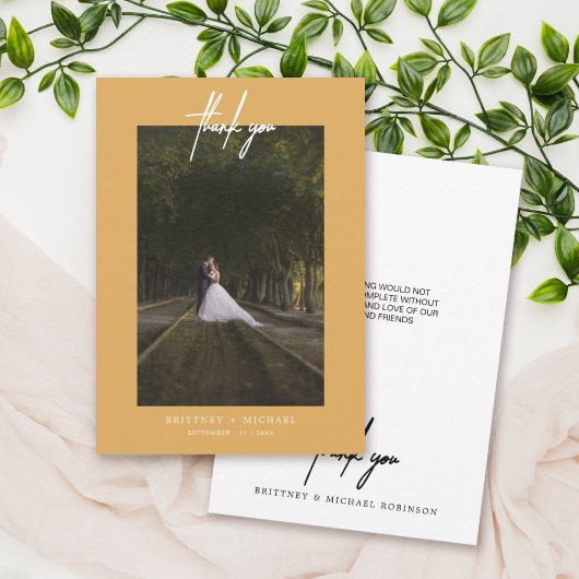 Met de hand gekartelde Eenvoudige Fotomosterd Geel Bedankkaart