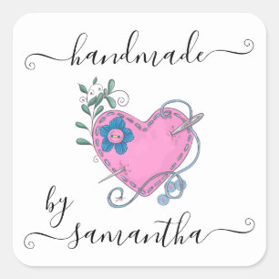 Met de hand gemaakt door Naam Geborduurd Hart en K Vierkante Sticker
