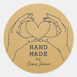 Met de Hand Gemaakt Kraft Papier Hart Handen Aange Ronde Sticker
