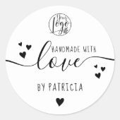 Met de hand gemaakt liefde script logo harten zwar ronde sticker (Voorkant)