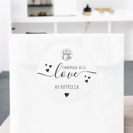 Met de hand gemaakt liefde script logo harten zwar ronde sticker