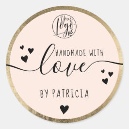 Met de hand gemaakt liefde script zwart logo harte ronde sticker