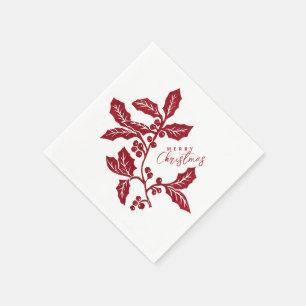 Met de hand gemaakt linocut hulst kunstwerk Kerstm Servet