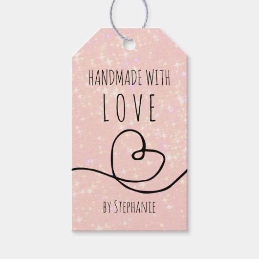 Met de hand gemaakt met liefde Doodle Hart Roze gl Cadeaulabel (Voorkant)