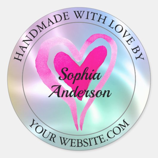 Met de Hand Gemaakt Met Liefde, Hart & Naam, Iride Ronde Sticker (Voorkant)