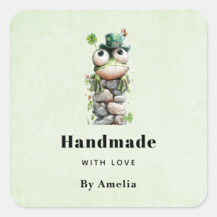 Met de Hand Gemaakt met Liefde Kikker met Groene H Vierkante Sticker