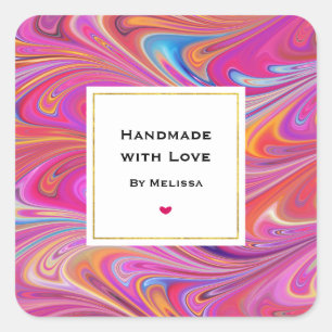 Met de Hand gemaakt met Liefde Roze Oranje Werveli Vierkante Sticker