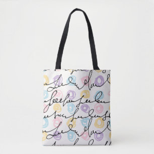 Met de hand gemaakte kleurrijke cirkels en letters tote bag