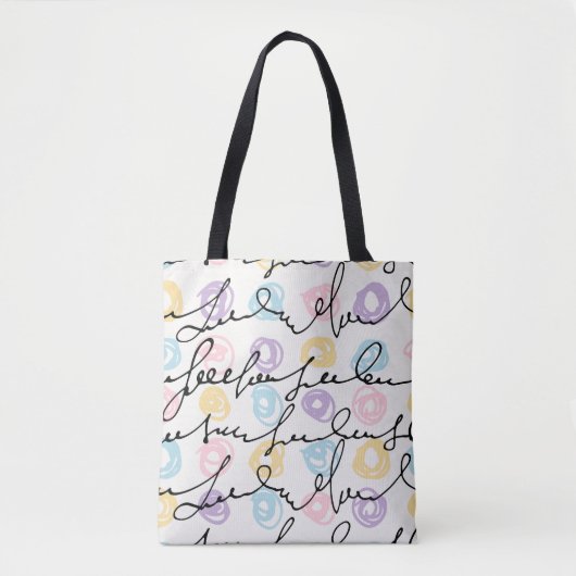 Met de hand gemaakte kleurrijke cirkels en letters tote bag (Voorkant)