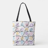 Met de hand gemaakte kleurrijke cirkels en letters tote bag (Achterkant)