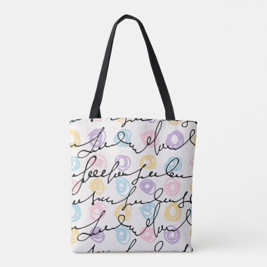Met de hand gemaakte kleurrijke cirkels en letters tote bag (Achterkant)