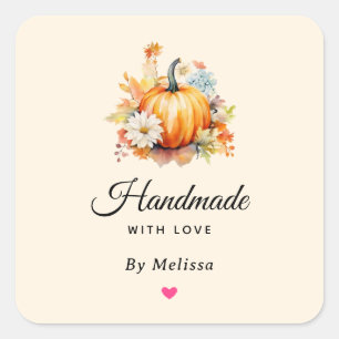 Met de Hand Gemaakte Oranje Pompoenen en Bloemen Vierkante Sticker