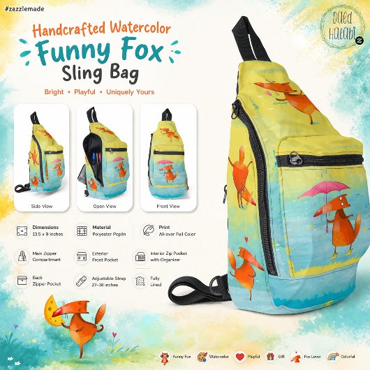 Met de hand gemaakte waterverf Grappige Vos Sling Bag