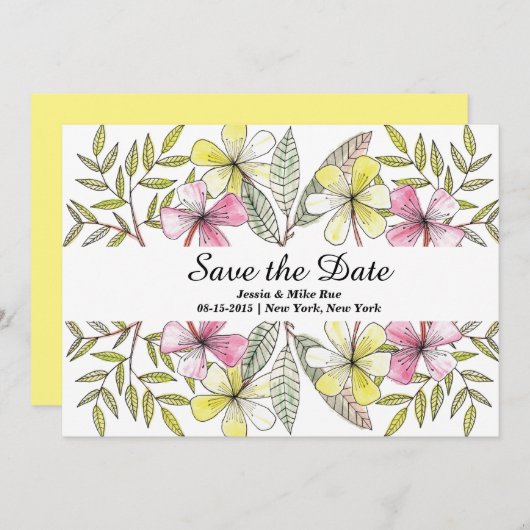 met de hand geschilde bloemen save the date (Voorkant / Achterkant)