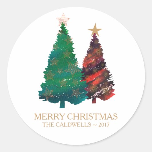 Met de hand geschilde ondoorzichtige kerstbomen vo ronde sticker (Voorkant)