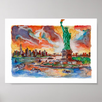 Met de hand geschilderd New York Liberty-beeld Aqu Poster