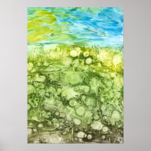 Met de hand geschilderd paardenbloemveld en blauwe poster