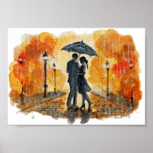 Met de hand geschilderd romantisch paar in regen a