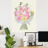 met de hand geschilderd Roze roos en gele daisy bo Poster (Thuiskantoor)