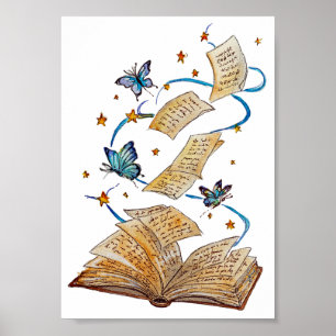 Met de hand geschilderd toverboek Vlinders Aquarel Poster