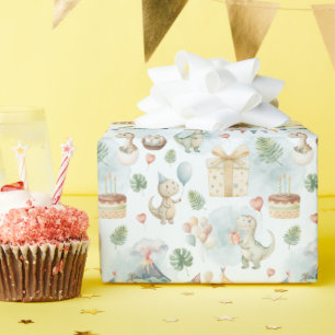 Met de hand geschilderd verjaardagsdinopapier op r cadeaupapier