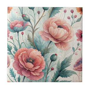 Met de hand geschilderde bloemen - Koraal & Salie Tegeltje