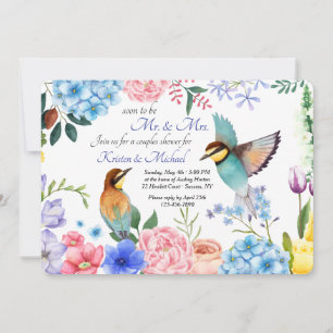 Met de hand geschilderde bloemen met vogels uitnod kaart