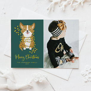 Met de hand geschilderde Corgi in lichtjes Hond Fo Feestdagenkaart