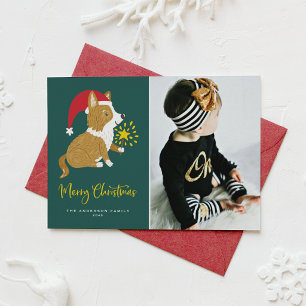 Met de hand geschilderde Corgi Kerstman Hoed Foto Feestdagenkaart