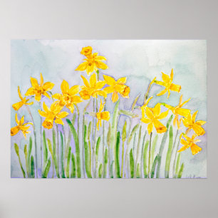 met de hand geschilderde gele narcissenveld waterv poster