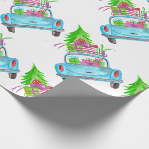 Met de hand geschilderde kerstauto met waterverf cadeaupapier