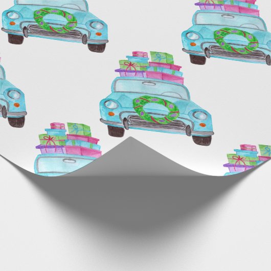 Met de hand geschilderde kerstauto met waterverf cadeaupapier (Hoek)