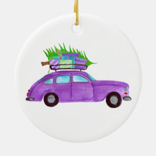 Met de hand geschilderde kerstauto met waterverf keramisch ornament