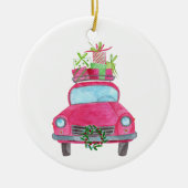 Met de hand geschilderde kerstauto met waterverf keramisch ornament (Voorkant)