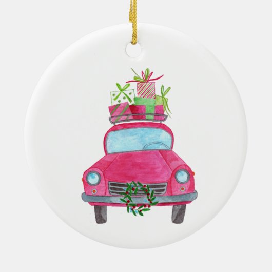 Met de hand geschilderde kerstauto met waterverf keramisch ornament (Achterkant)