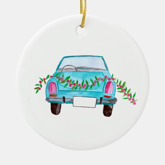 Met de hand geschilderde kerstauto met waterverf keramisch ornament (Voorkant)