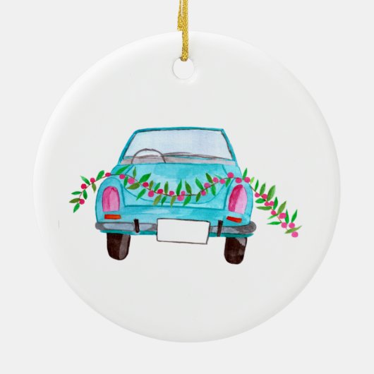 Met de hand geschilderde kerstauto met waterverf keramisch ornament (Achterkant)
