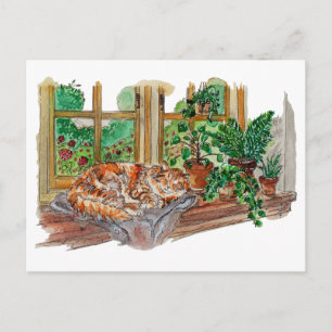 Met de hand geschilderde knusse raamkat aquarel ku briefkaart