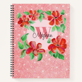Met de hand geschilderde rode bloemen monogram roz notitieboek