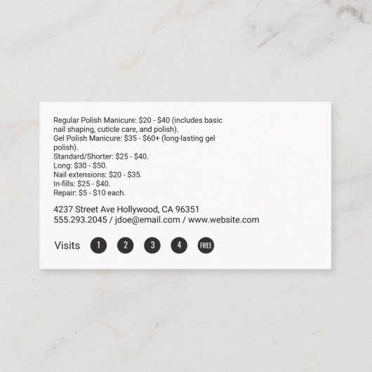 Met de hand geschilderde rode nagellak manicure klantenkaartje (Achterkant)