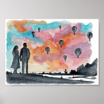 Met de hand geschilderde romantische ballon koppel