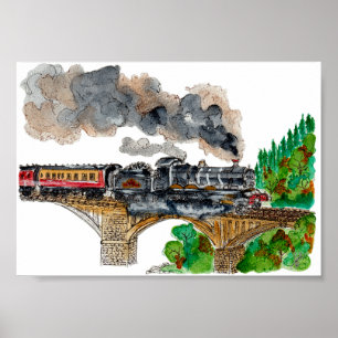 Met de hand geschilderde Stoomtrein Locomotief Aqu Poster