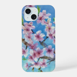 Met de hand geschilderde trendy waterverf kersenbl iPhone 15 case