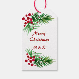 Met de hand geschilderde waterverf dennenkrans, ro cadeaulabel