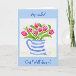 Met de hand geschilderde waterverf tulpen, blauwe kaart